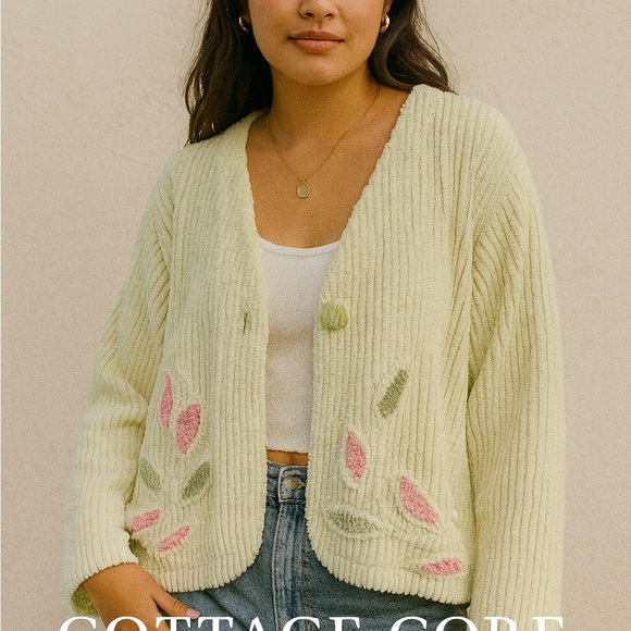 house of chenille Sweaters - Chic Cottagecore Cardigan with‎ Pink and Green Accents